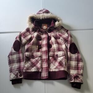 Y2K Billabong Jacket Womens Small Plaid Hooded Fur Lined Toggle Elbow Patch